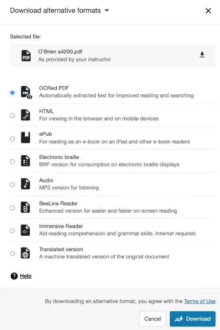 Blackboard Ally “Download alternative formats” dialog for a PDF named “O’Brien a4200.pdf,” with options for OCRed PDF, HTML, ePub, electronic braille, audio, BeeLine Reader, Immersive Reader and translated version.