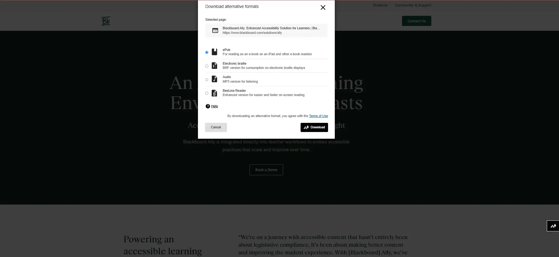 Blackboard Ally “Download alternative formats” dialog opened over the Blackboard Ally web page, offering ePub, electronic braille, audio and BeeLine Reader versions of the page.